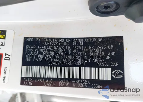 2019 Lexus Es 350 from USA, damaged, VIN 58ABZ1B12KU050327